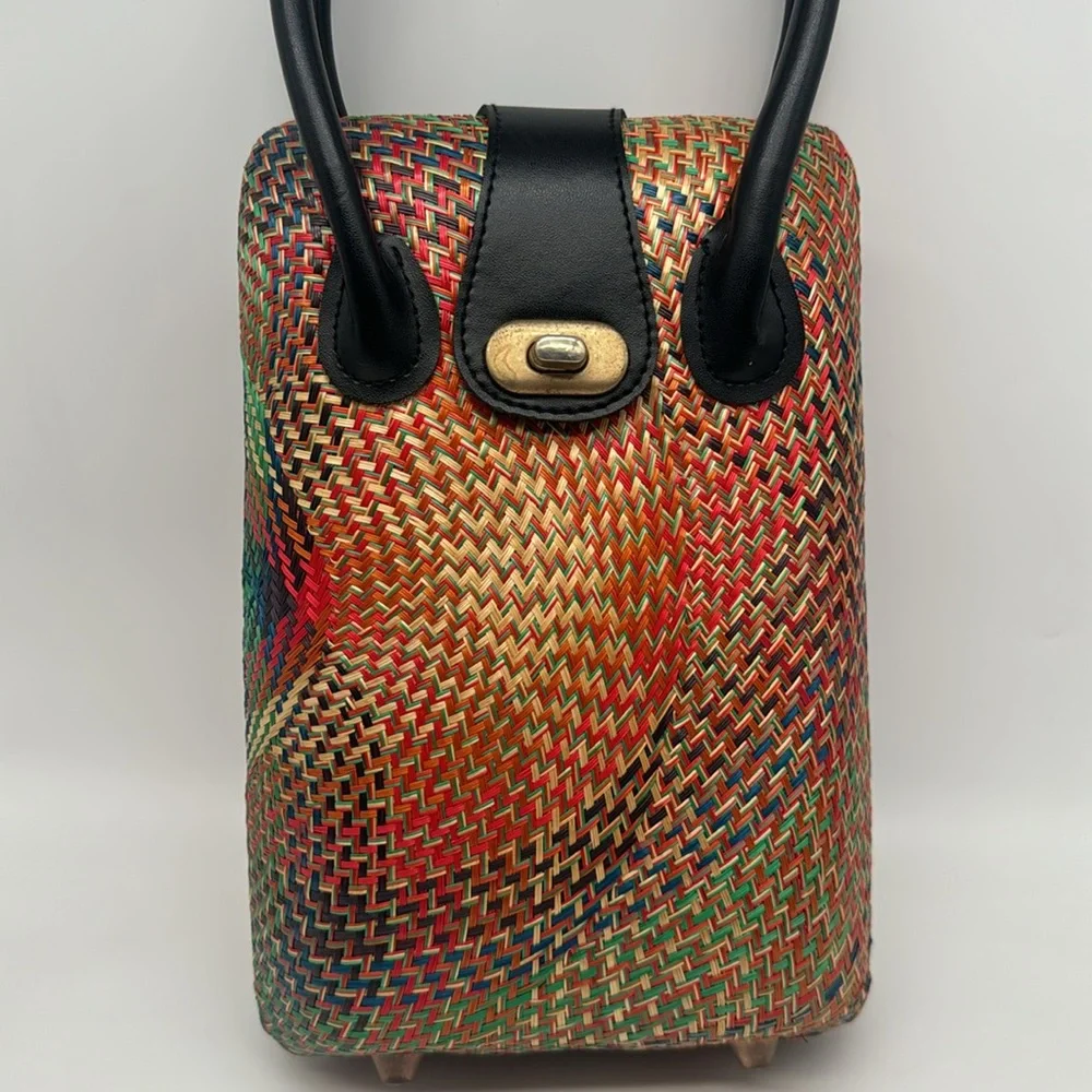 Vintage 70s Red Natural Straw Palm Leaf Rattan Rare Colorful Handbag Purse Bag - Picture 3 of 15